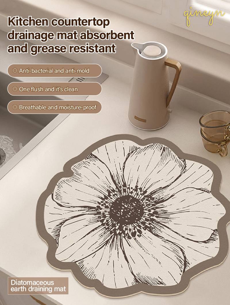 [Water Absorbing and Oil Repelling] Rose Flower Kitchen Bathroom Siliceous Clay Drain Pad