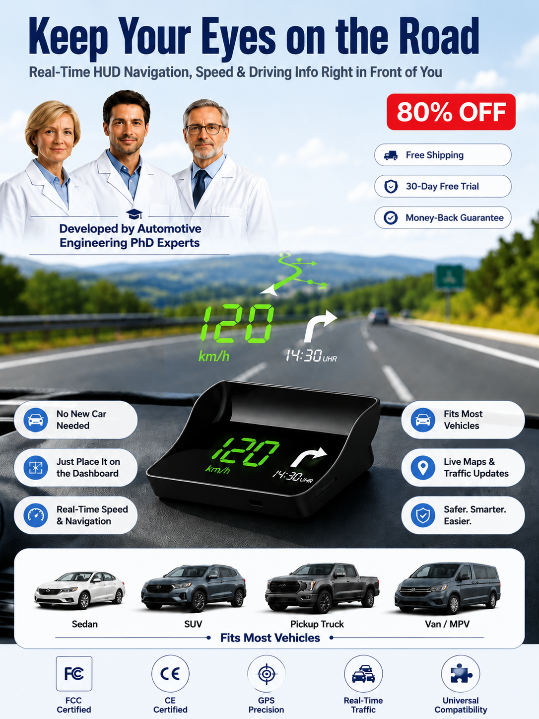 【Smart In-Car HUD Co-Pilot】Works on Sedans, SUVs, Pickups, RVs, and More! 30-Day Risk-Free Trial